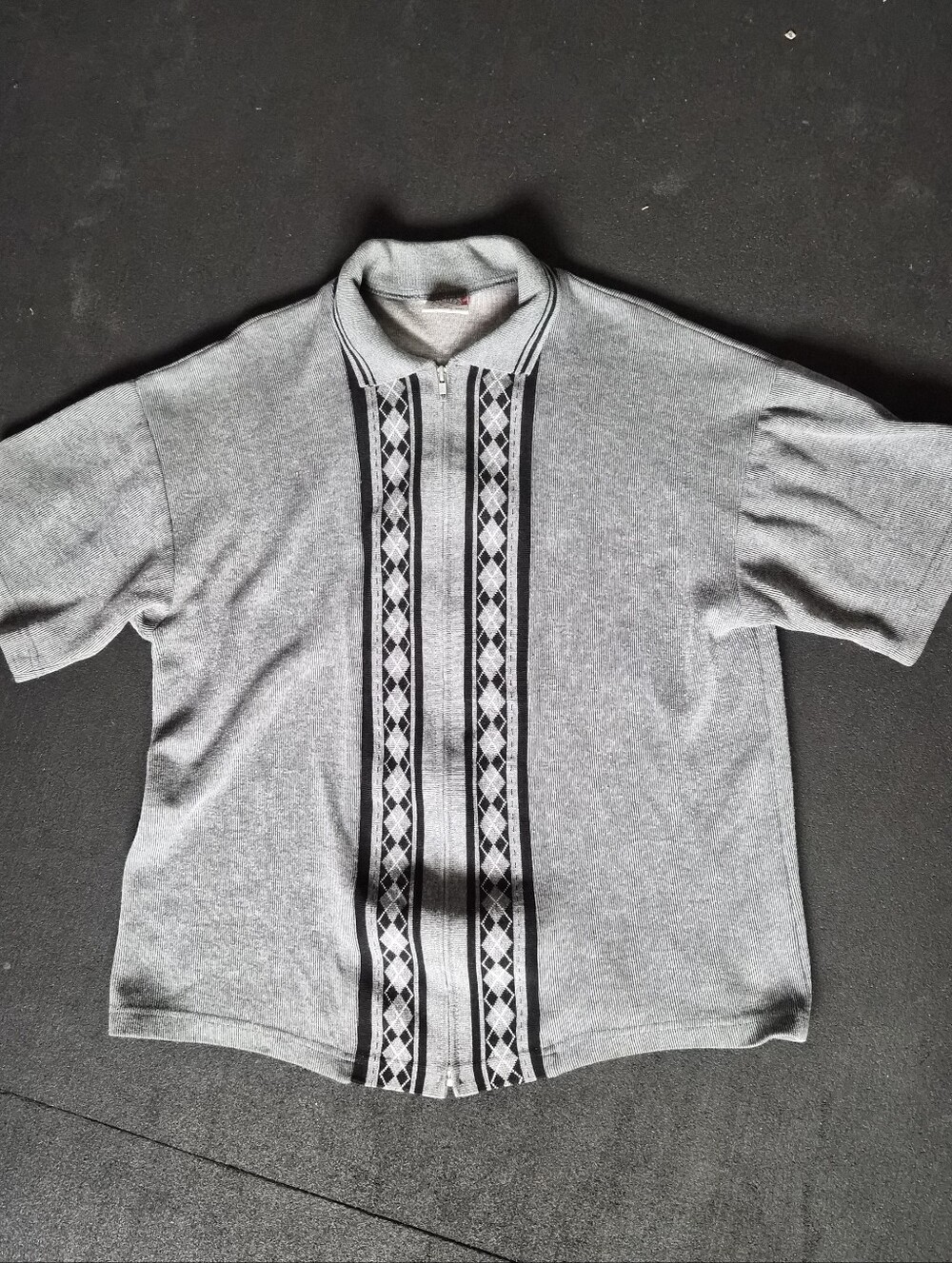 Men's Grey Short-Sleeve Polo with Vertical Pattern Zipper Closure